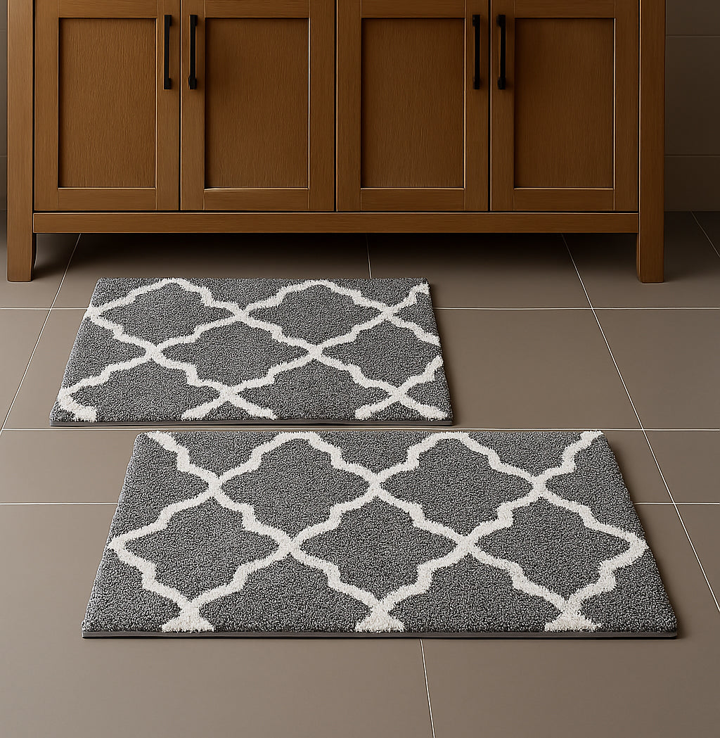 Grey 2 Piece Trellis Plush Soft Cozy 100% Cotton Bath Mat Set