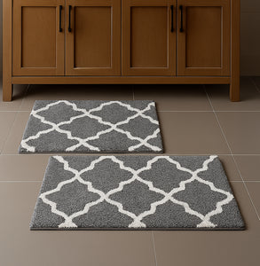 Grey 2 Piece Trellis Plush Soft Cozy 100% Cotton Bath Mat Set