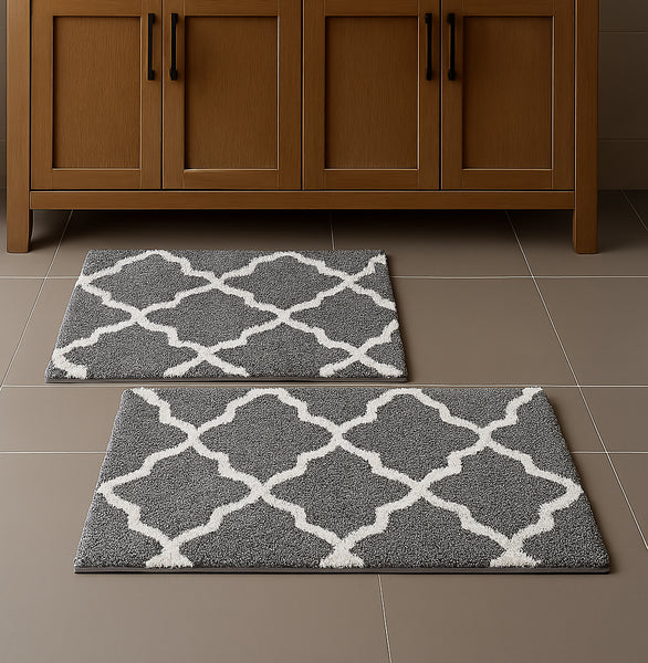 Grey 2 Piece Trellis Plush Soft Cozy 100% Cotton Bath Mat Set