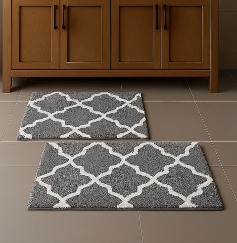 Grey 2 Piece Trellis Plush Soft Cozy 100% Cotton Bath Mat Set