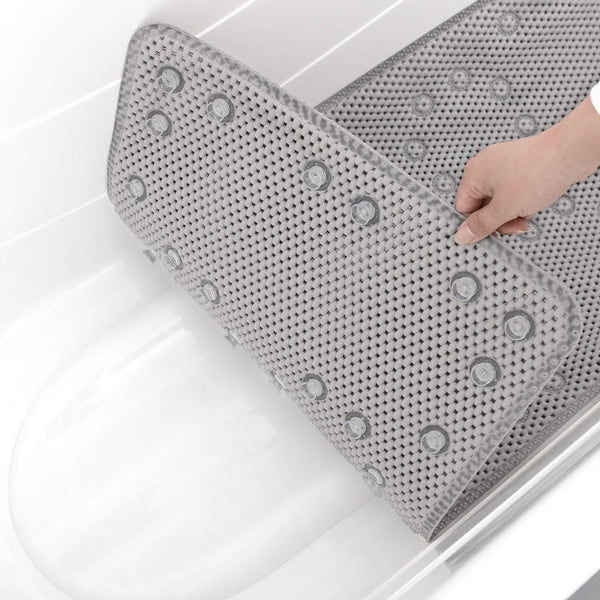 Extra Thick Long Grey Non-Slip Foam Bathtub Shower Mat With Suction Cups Fast Drying - 36" x 17"
