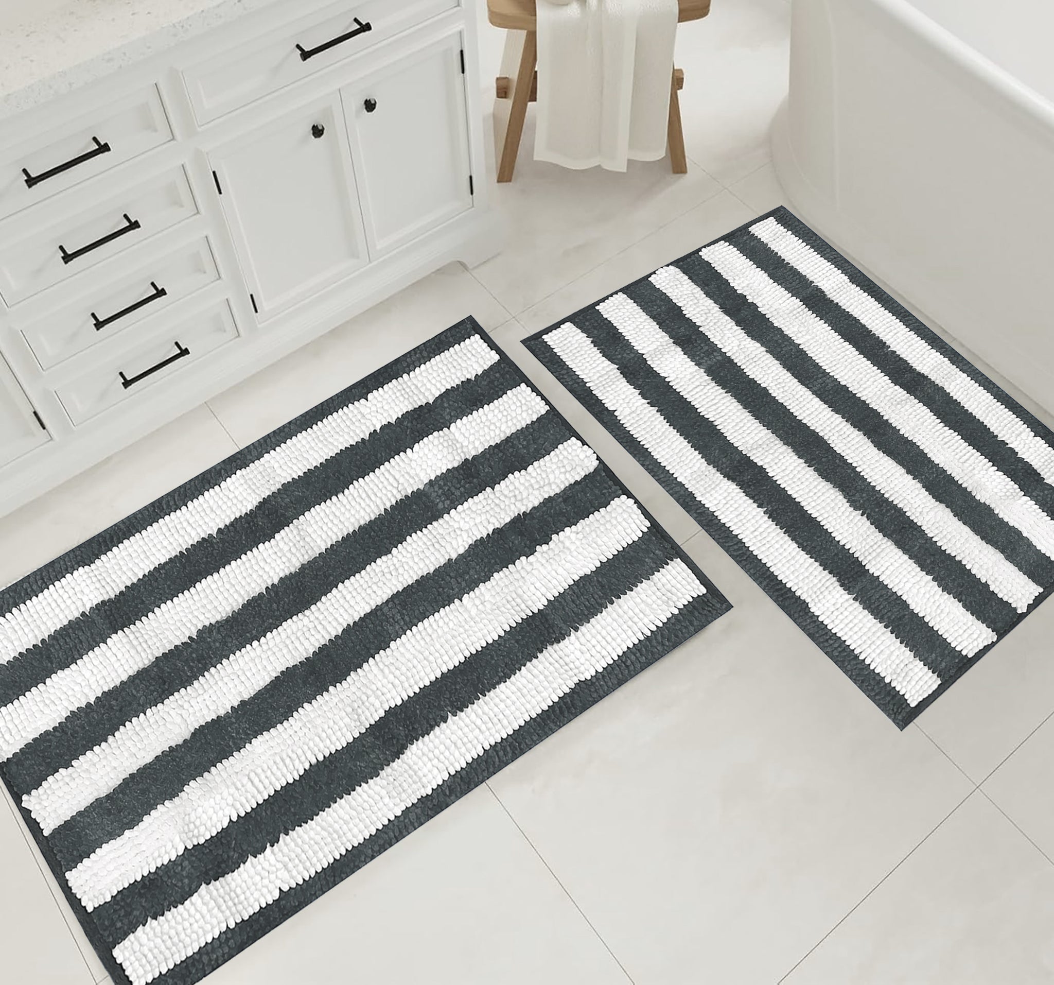 Large 2 Piece Set Charcoal Grey White Stripe Soft Cozy Plush Chenille Bath Mat Bathroom Rug