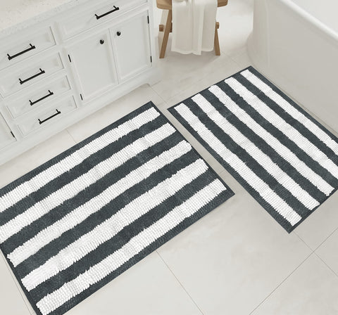 Large 2 Piece Set Charcoal Grey White Stripe Soft Cozy Plush Chenille Bath Mat Bathroom Rug