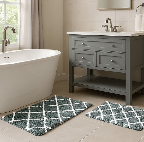 Grey 2 Piece Trellis Plush Thick Soft Cozy Microfiber Bath Mat Set