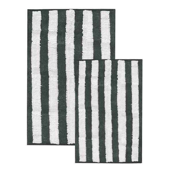 Large 2 Piece Set Charcoal Grey White Stripe Soft Cozy Plush Chenille Bath Mat Bathroom Rug