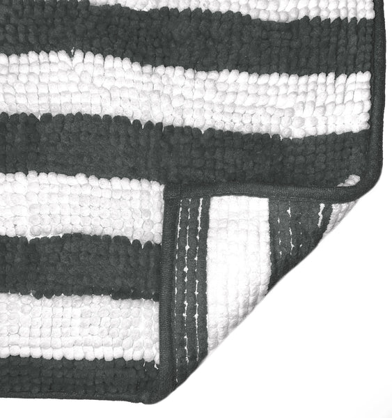 Large 2 Piece Set Charcoal Grey White Stripe Soft Cozy Plush Chenille Bath Mat Bathroom Rug