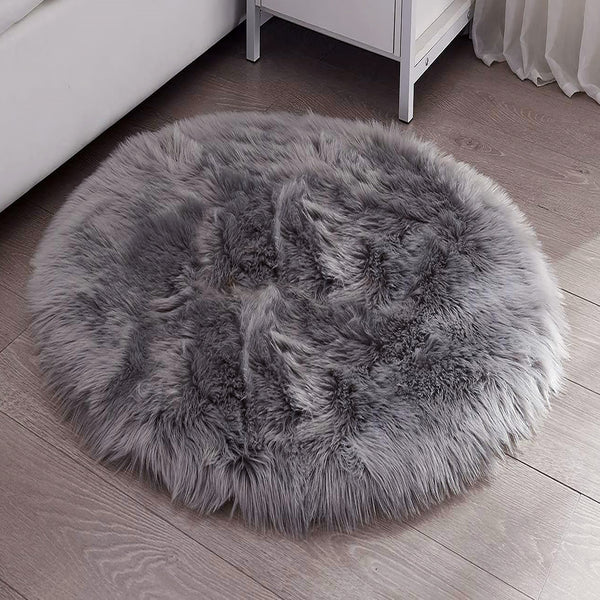 3x3 Feet Round Grey Faux Fur Sheepskin Soft Plush Fuzzy Rug