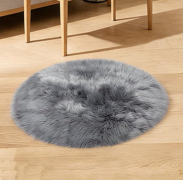 3x3 Feet Round Grey Faux Fur Sheepskin Soft Plush Fuzzy Rug