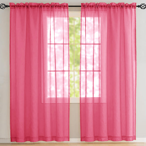 84" Inches Long - Hot Pink Sheer Window Rod Pocket Curtain Set (2 Panels)