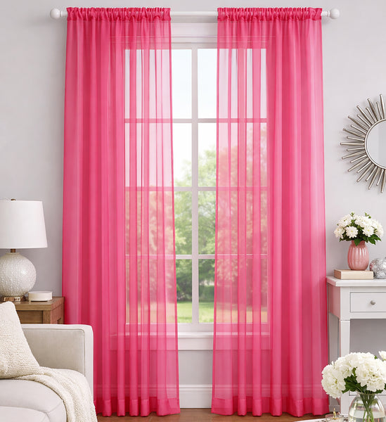 Hot Pink Sheer Window Rod Pocket Curtain Set 90" Inches Long (2 Panels)