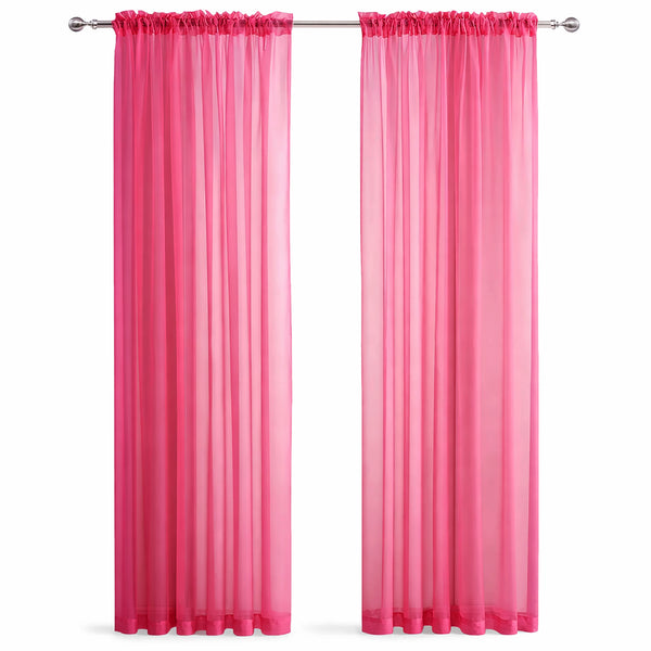 Hot Pink Sheer Window Rod Pocket Curtain Set 90" Inches Long (2 Panels)