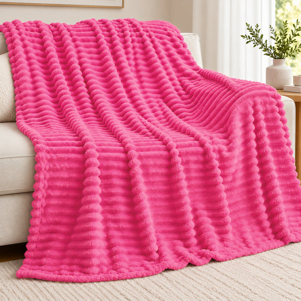 King Size Hot Pink Ultra Soft Cozy Textured Fluffy Plush Ribbed Faux Fur Bed Blanket