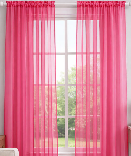 Hot Pink Sheer Window Rod Pocket Curtain Set 90" Inches Long (2 Panels)