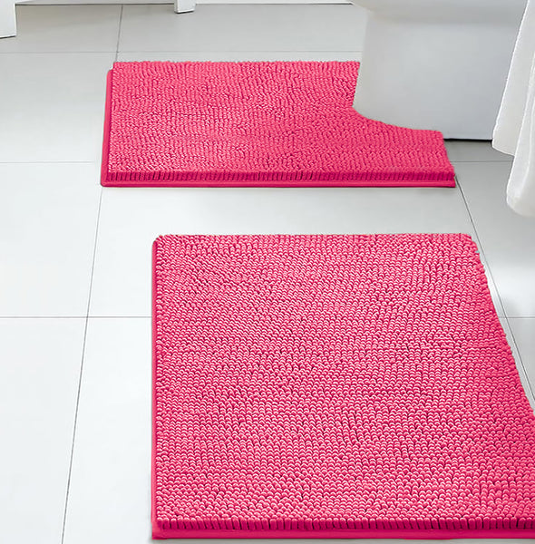 2 Piece Set Hot Pink Soft Cozy Plush Chenille Bath Mat Bathroom Rug