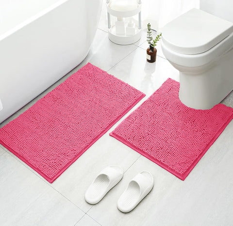 2 Piece Set Hot Pink Soft Cozy Plush Chenille Bath Mat Bathroom Rug