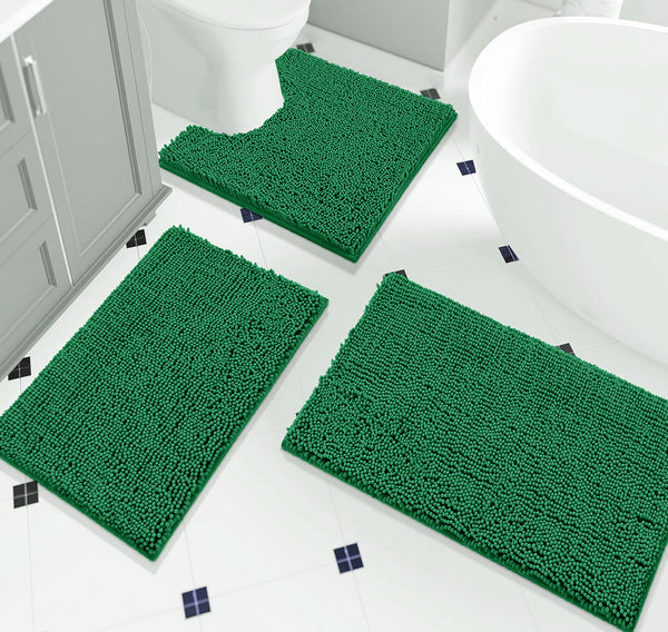 3 Piece Set Hunter Green Soft Cozy Plush Chenille Bath Mat Highly Absorbent Bathroom Rug