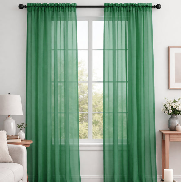 Hunter Green Sheer Window Rod Pocket Curtain Set 95" Inches Long (2 Panels)