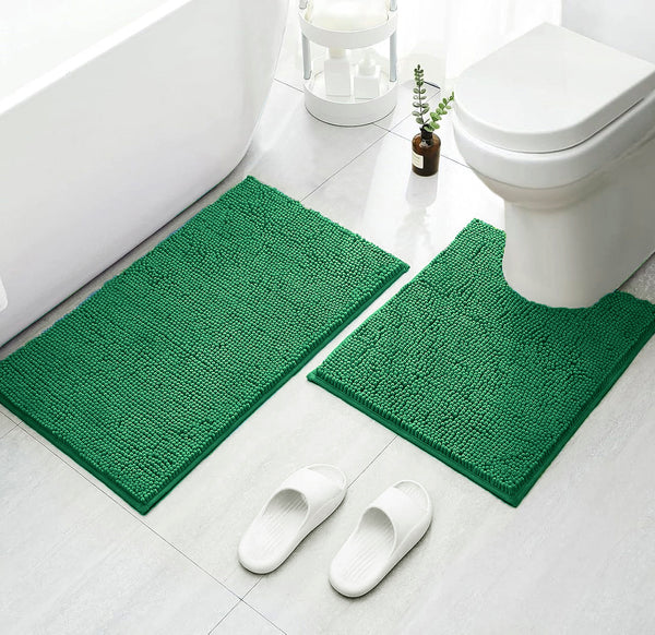 2 Piece Set Hunter Green Soft Cozy Plush Chenille Bath Mat Bathroom Rug