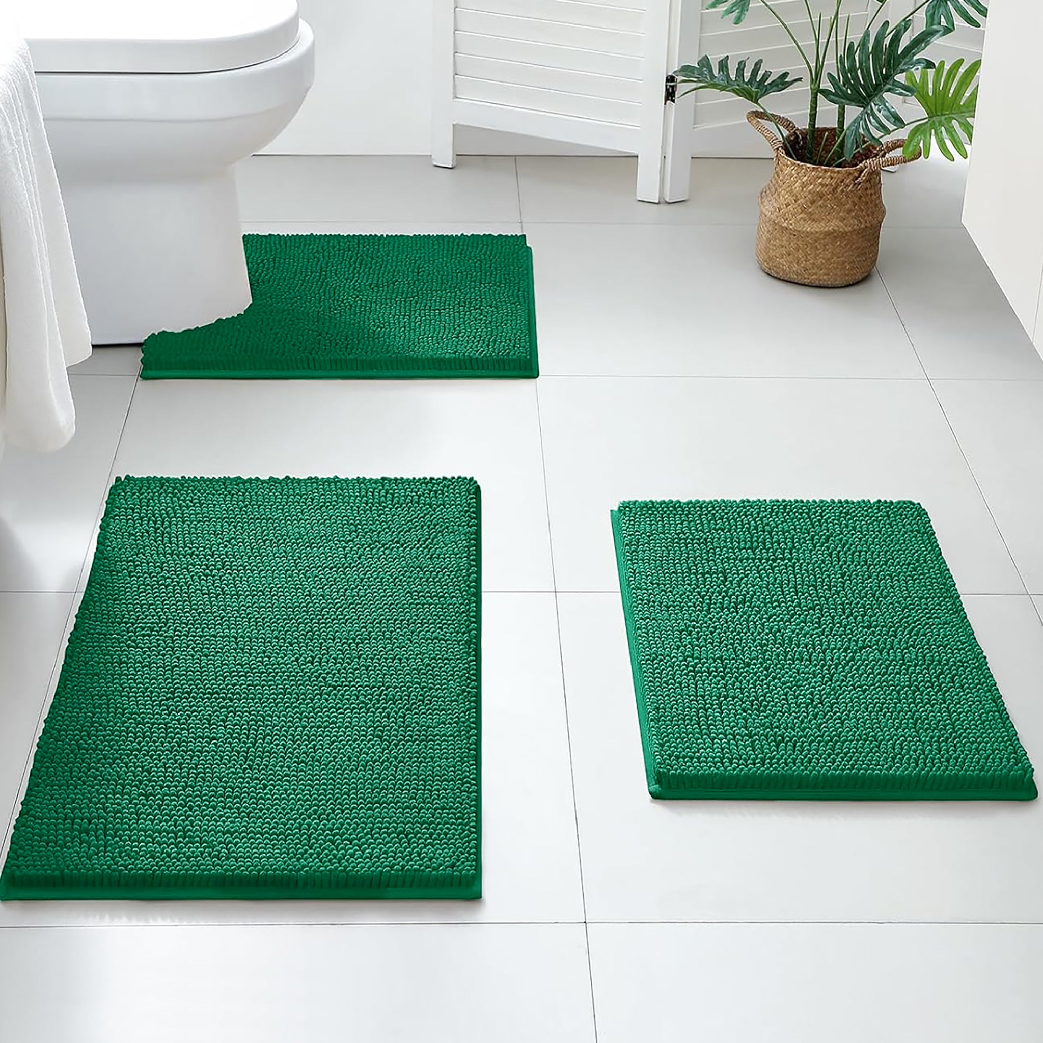 3 Piece Set Hunter Green Soft Cozy Plush Chenille Bath Mat Highly Absorbent Bathroom Rug