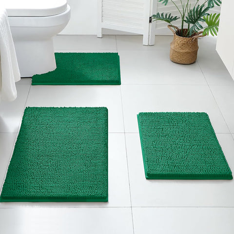 3 Piece Set Hunter Green Soft Cozy Plush Chenille Bath Mat Highly Absorbent Bathroom Rug