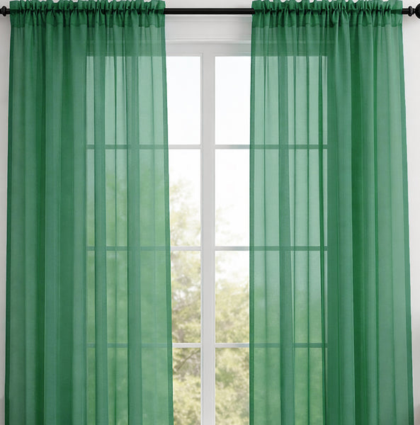 Hunter Green Sheer Window Rod Pocket Curtain Set 95" Inches Long (2 Panels)