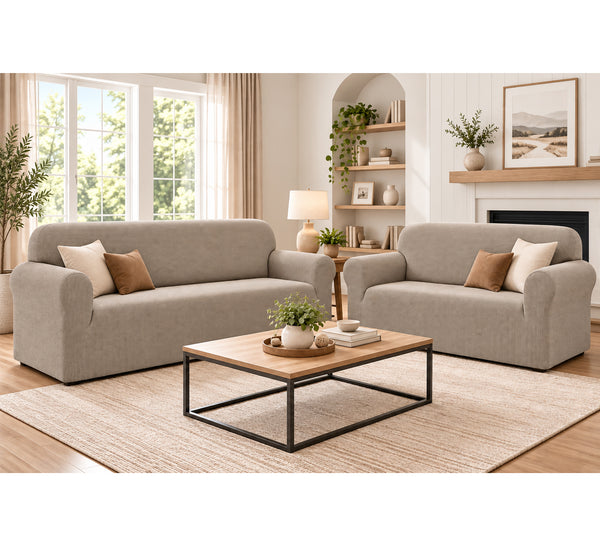 Khaki 2-Piece Set Slipcover Sofa & Loveseat Cover Protector 4-Way Stretch Elastic