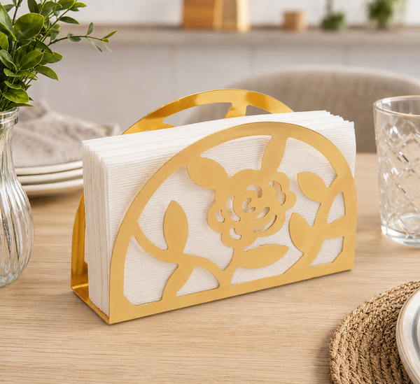 Gold Iron Floral Napkin Holder – Decorative Freestanding Tabletop Napkin Organizer for Kitchen, Dining Table & Countertop