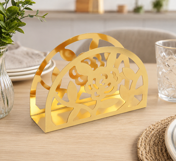 Gold Iron Floral Napkin Holder – Decorative Freestanding Tabletop Napkin Organizer for Kitchen, Dining Table & Countertop