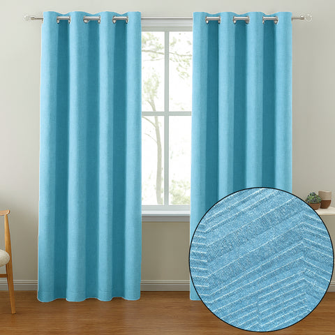 108" Long - 2 Piece Light Blue Solid Silky Geometric Embossed Blackout Grommet Window Curtain Panel Set