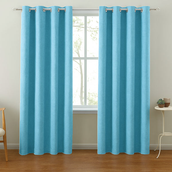 108" Long - 2 Piece Light Blue Solid Silky Geometric Embossed Blackout Grommet Window Curtain Panel Set