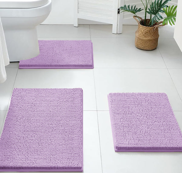 3 Piece Set Lavender Soft Cozy Plush Chenille Bath Mat Highly Absorbent Bathroom Rug
