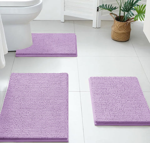 3 Piece Set Lavender Soft Cozy Plush Chenille Bath Mat Highly Absorbent Bathroom Rug