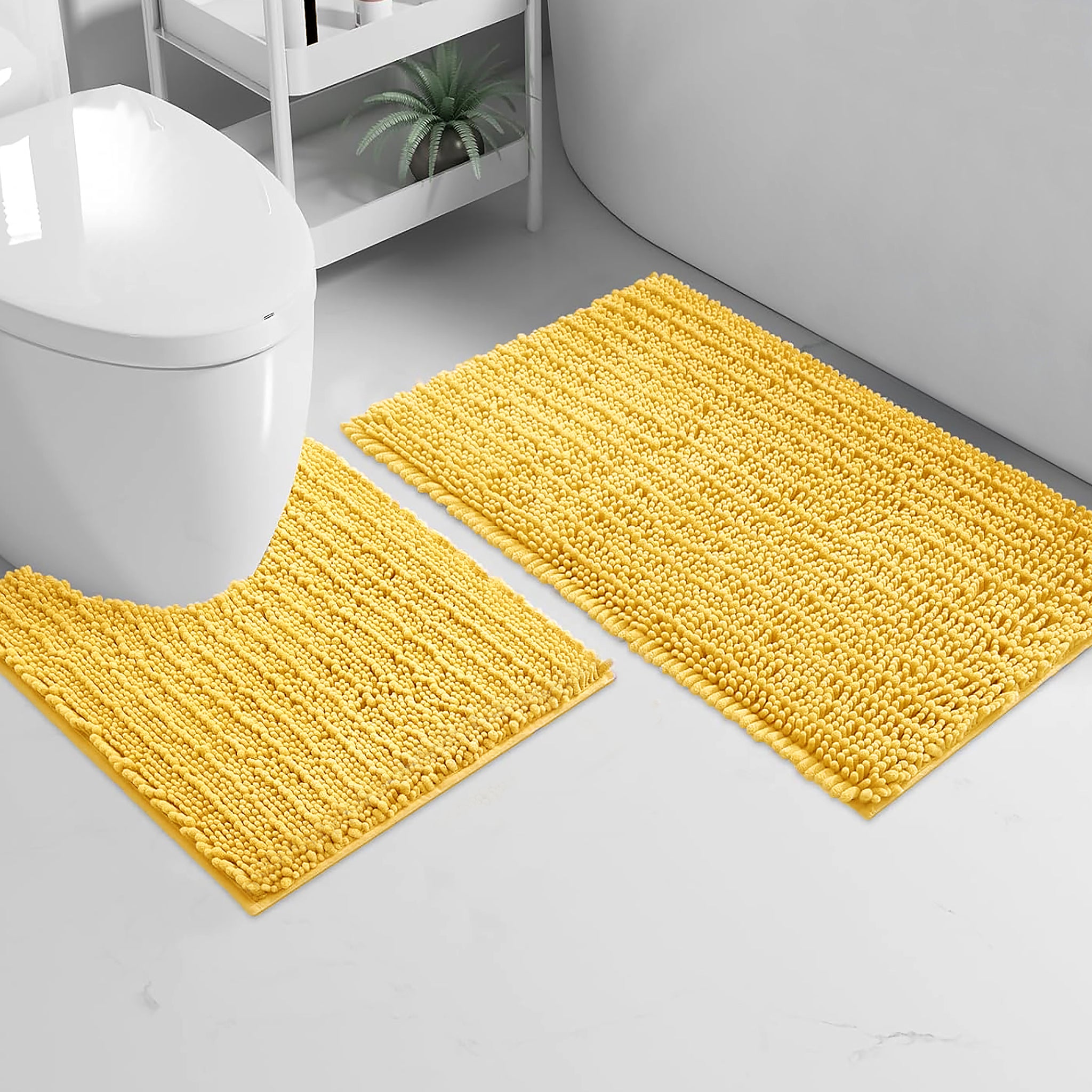 2 Piece Set Lemon Yellow Soft Cozy Plush Chenille Bath Mat Bathroom Rug