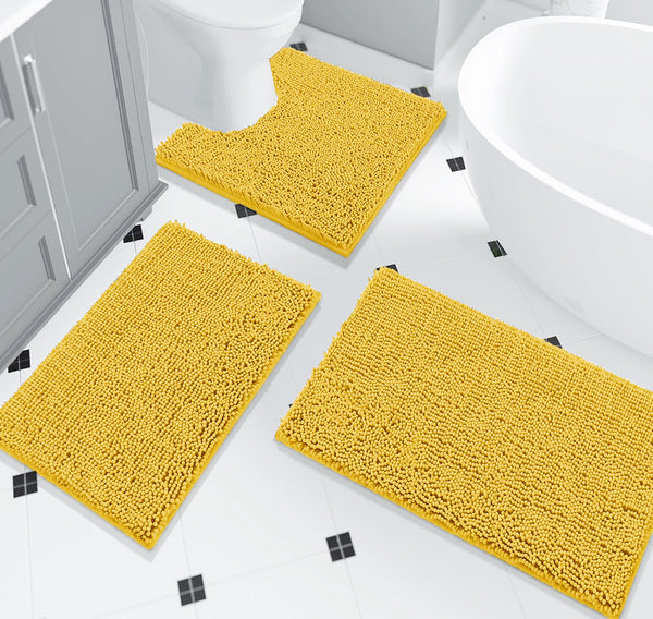 3 Piece Set Lemon Soft Cozy Plush Chenille Bath Mat Highly Absorbent Bathroom Rug