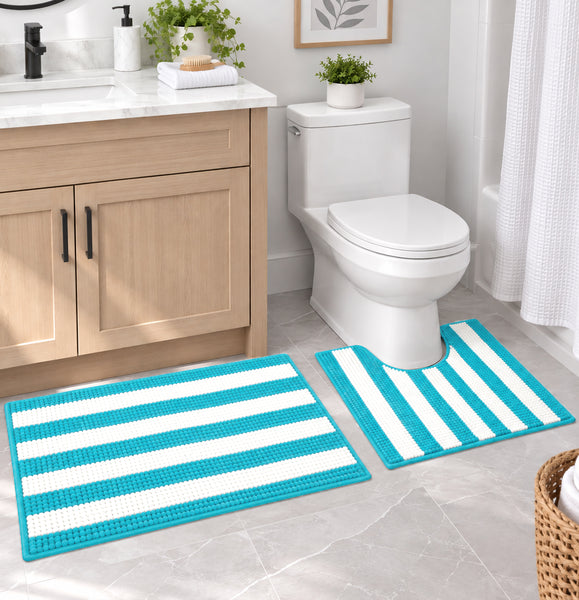 2-Piece Chenille Light Blue & White Striped Bath Mat Set with Contour Toilet Rug – Soft Absorbent Bathroom Rugs