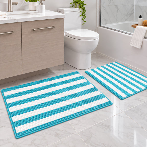 2-Piece Light Blue & White Striped Chenille Bath Mat Rug Set – Soft Absorbent Bathroom Rugs