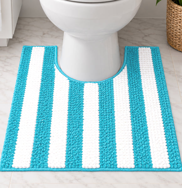 Light Blue & White Chenille Striped Contour Toilet Bath Mat – Soft Absorbent Bathroom Rug