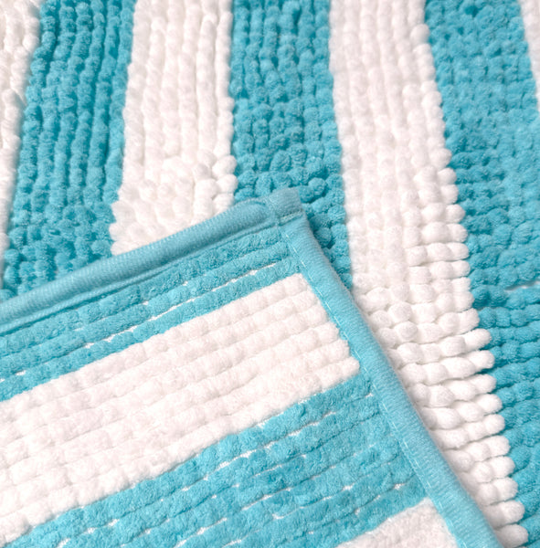 Light Blue & White Chenille Striped Contour Toilet Bath Mat – Soft Absorbent Bathroom Rug