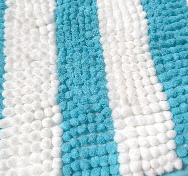 2-Piece Chenille Light Blue & White Striped Bath Mat Set with Contour Toilet Rug – Soft Absorbent Bathroom Rugs