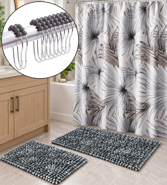 Grey Plush Thick Chenille Bath Mat with Floral Shower Curtain & Hooks - 15 Piece Set