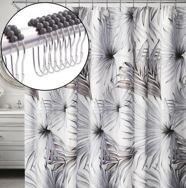 72" x 72" - Light Grey Floral Fabric Textured Glam luxury Shower Curtain With 12 Metal Roller Ball Hooks