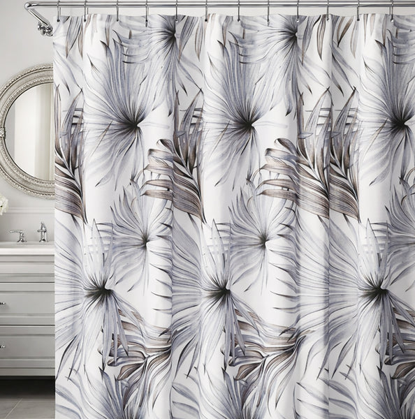 72" x 72" - Light Grey Floral Fabric Textured Glam luxury Shower Curtain With 12 Metal Roller Ball Hooks