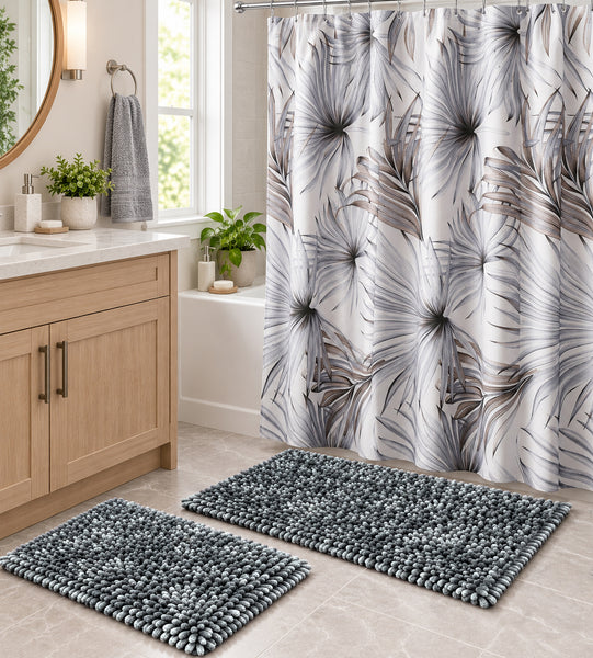 Grey Plush Thick Chenille Bath Mat with Floral Shower Curtain & Hooks - 15 Piece Set