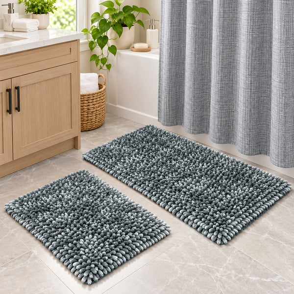 Grey Plush Thick Chenille Bath Mat with Floral Shower Curtain & Hooks - 15 Piece Set