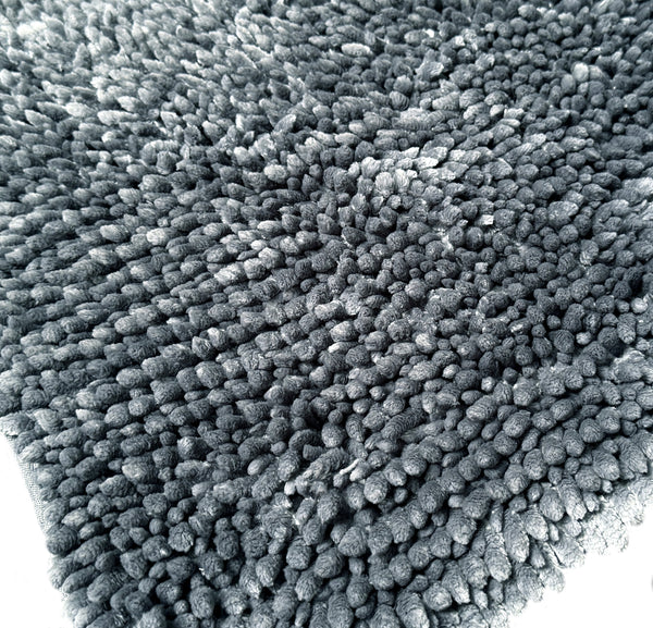 Grey Plush Thick Chenille Bath Mat with Floral Shower Curtain & Hooks - 15 Piece Set