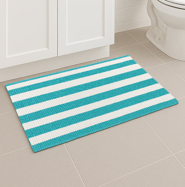 47"x27" - Light Blue White Stripes Soft Cozy Plush Chenille Bath Mat Bathroom Rug