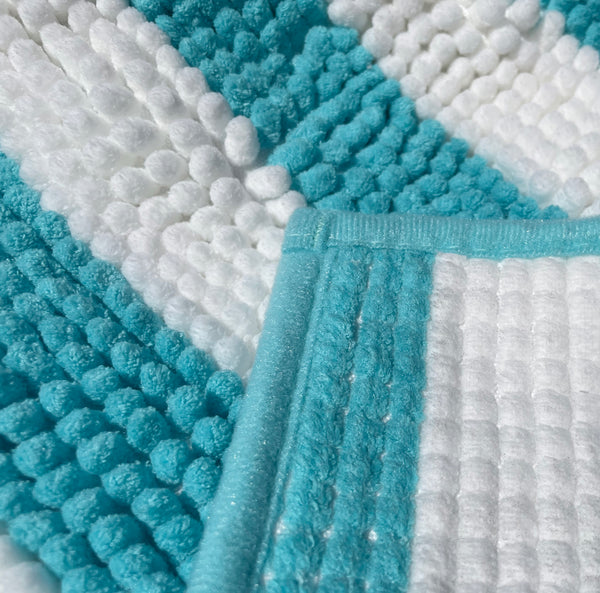 Extra Large 2 Piece Set Light Blue White Stripe Soft Cozy Plush Chenille Bath Mat Bathroom Rug