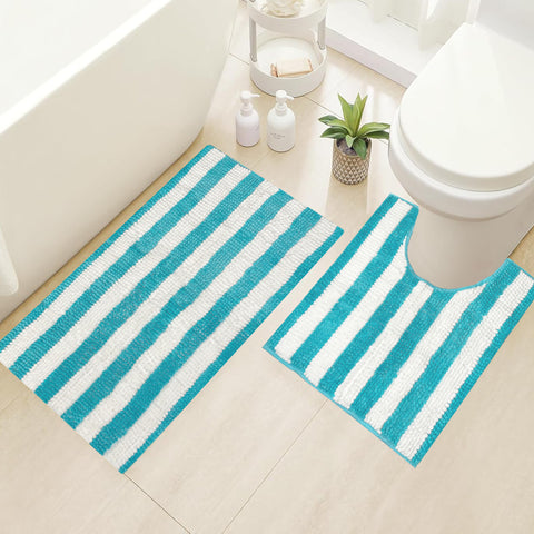 2 Piece Set Light Blue Stripe Soft Cozy Plush Chenille Bath Mat Bathroom Rug