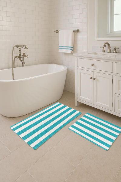 Large 2 Piece Set Light Blue White Stripe Soft Cozy Plush Chenille Bath Mat Bathroom Rug