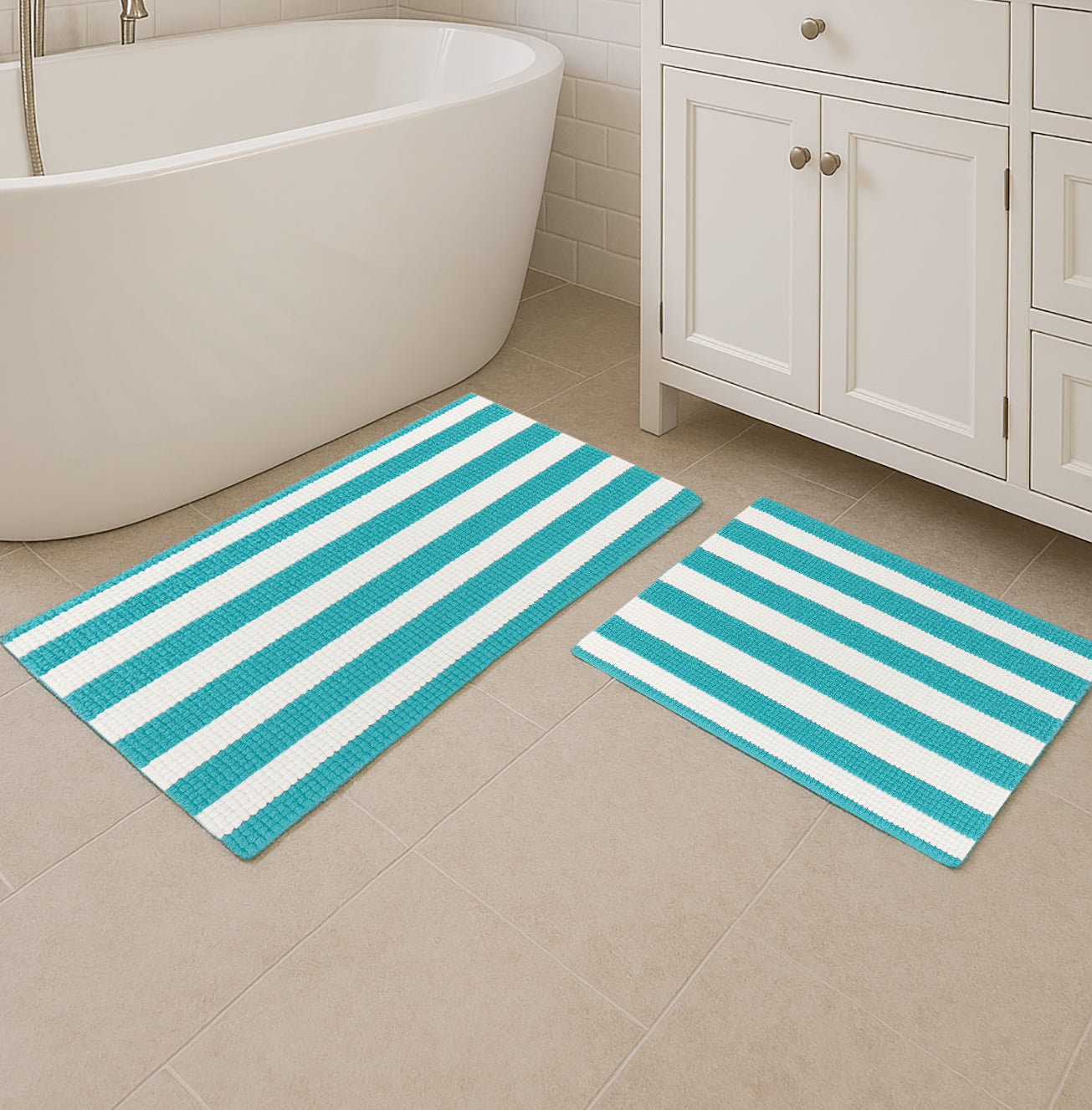 Large 2 Piece Set Light Blue White Stripe Soft Cozy Plush Chenille Bath Mat Bathroom Rug